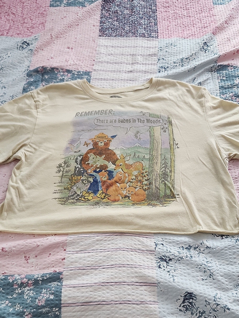 Women's Cream Graphic Crop Top - Smokey the Bear Woodland Design